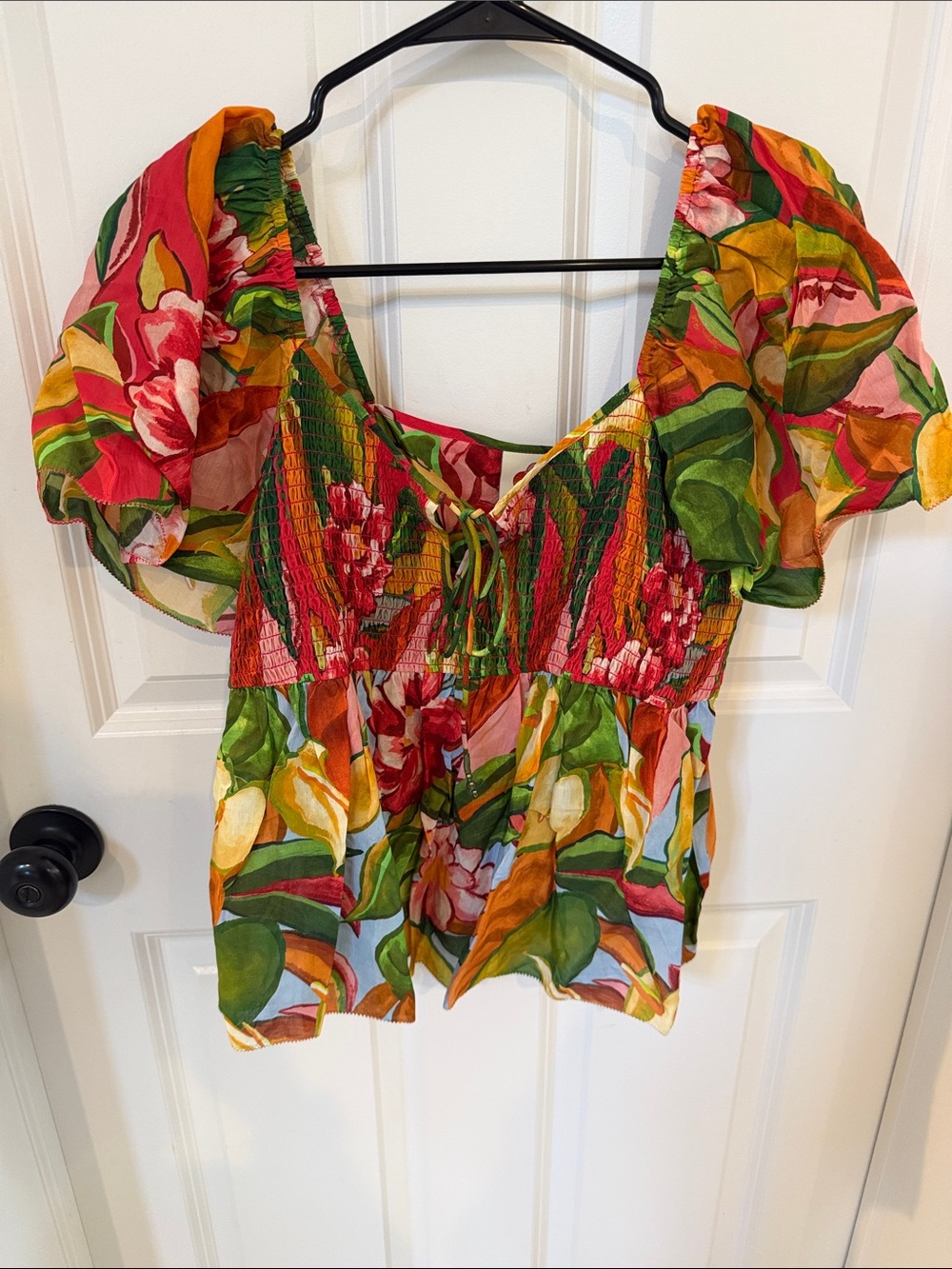 FARM Rio for Anthropologie Tropical Floral Smocked Tie-Front Printed Blouse